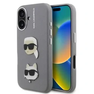 Carcasă spate Karl Lagerfeld cu model granulat din PU K&amp;amp;CH Heads pentru iPhone 16, gri