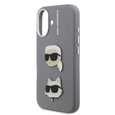 Carcasă spate Karl Lagerfeld cu model granulat din PU K&amp;amp;CH Heads pentru iPhone 16, gri