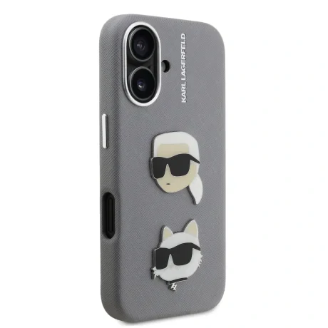 Carcasă spate Karl Lagerfeld cu model granulat din PU K&amp;amp;CH Heads pentru iPhone 16, gri