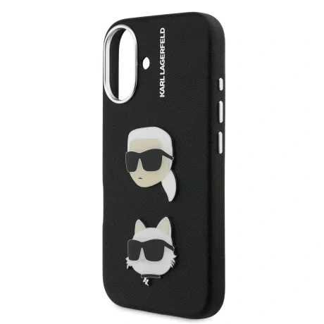 Carcasă spate Karl Lagerfeld cu model granulat din PU K&amp;amp;CH Heads pentru iPhone 16, neagră