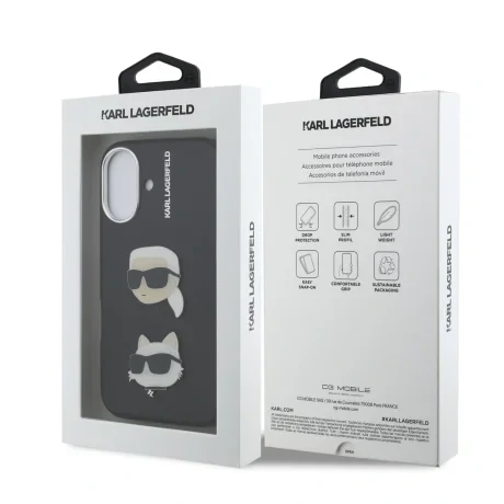 Carcasă spate Karl Lagerfeld cu model granulat din PU K&amp;amp;CH Heads pentru iPhone 16, neagră