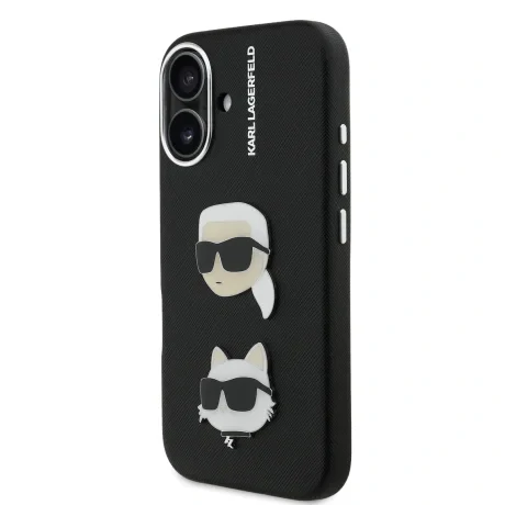 Carcasă spate Karl Lagerfeld cu model granulat din PU K&amp;amp;CH Heads pentru iPhone 16, neagră