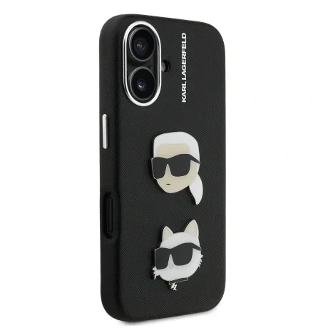 Carcasă spate Karl Lagerfeld cu model granulat din PU K&amp;amp;CH Heads pentru iPhone 16, neagră
