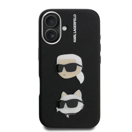 Carcasă spate Karl Lagerfeld cu model granulat din PU K&amp;amp;CH Heads pentru iPhone 16, neagră