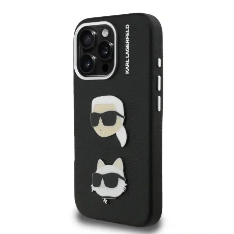 Carcasă spate Karl Lagerfeld cu model granulat din PU K&amp;amp;CH Heads pentru iPhone 16 Pro Max, neagră