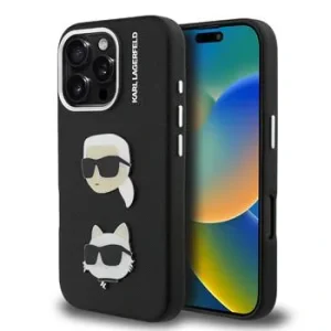 Carcasă spate Karl Lagerfeld cu model granulat din PU K&amp;amp;CH Heads pentru iPhone 16 Pro Max, neagră