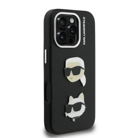 Carcasă spate Karl Lagerfeld cu model granulat din PU K&amp;amp;CH Heads pentru iPhone 16 Pro Max, neagră