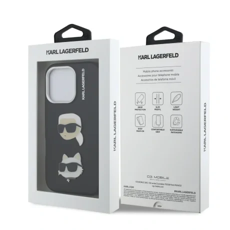 Carcasă spate Karl Lagerfeld cu model granulat din PU K&amp;amp;CH Heads pentru iPhone 16 Pro Max, neagră