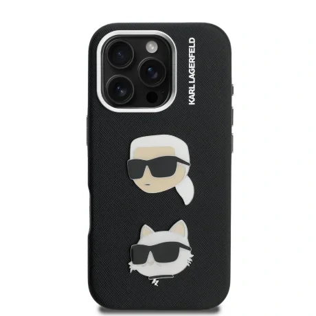 Carcasă spate Karl Lagerfeld cu model granulat din PU K&amp;amp;CH Heads pentru iPhone 16 Pro, neagră