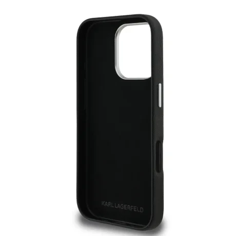 Carcasă spate Karl Lagerfeld cu model granulat din PU K&amp;amp;CH Heads pentru iPhone 16 Pro, neagră