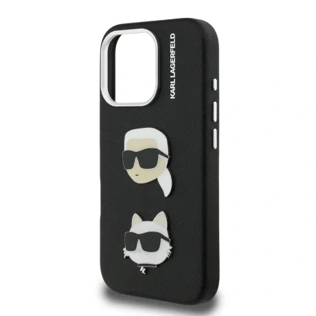 Carcasă spate Karl Lagerfeld cu model granulat din PU K&amp;amp;CH Heads pentru iPhone 16 Pro, neagră