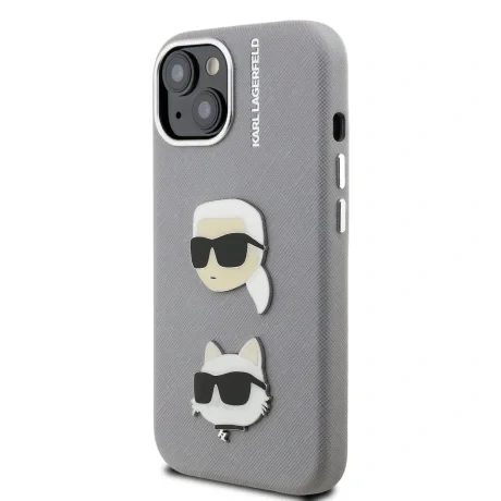 Carcasă spate Karl Lagerfeld cu model K&amp;amp;CH Heads din PU granulat pentru iPhone 15, gri
