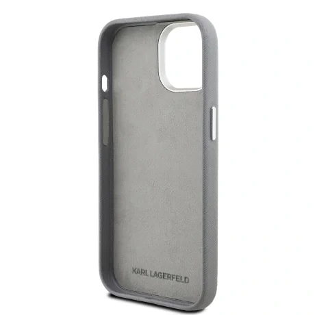 Carcasă spate Karl Lagerfeld cu model K&amp;amp;CH Heads din PU granulat pentru iPhone 15, gri