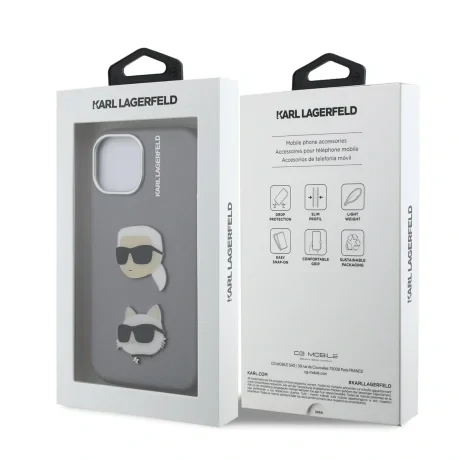 Carcasă spate Karl Lagerfeld cu model K&amp;amp;CH Heads din PU granulat pentru iPhone 15, gri