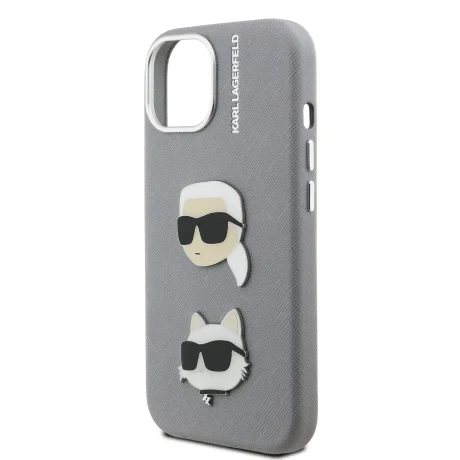 Carcasă spate Karl Lagerfeld cu model K&amp;amp;CH Heads din PU granulat pentru iPhone 15, gri