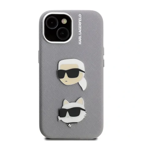 Carcasă spate Karl Lagerfeld cu model K&amp;amp;CH Heads din PU granulat pentru iPhone 15, gri