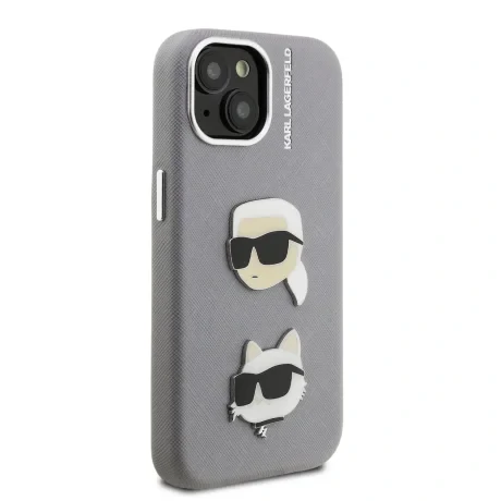 Carcasă spate Karl Lagerfeld cu model K&amp;amp;CH Heads din PU granulat pentru iPhone 15, gri