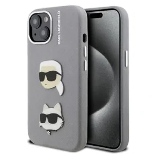Carcasă spate Karl Lagerfeld cu model K&amp;amp;CH Heads din PU granulat pentru iPhone 15, gri