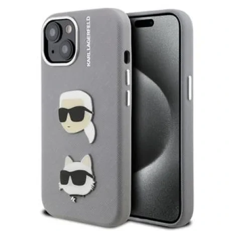 Carcasă spate Karl Lagerfeld cu model K&amp;amp;CH Heads din PU granulat pentru iPhone 15, gri