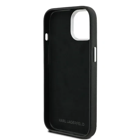 Carcasă spate Karl Lagerfeld cu model K&amp;amp;CH Heads din PU granulat pentru iPhone 15, neagră
