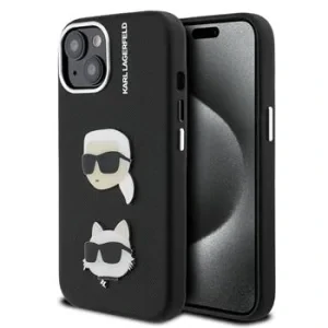 Carcasă spate Karl Lagerfeld cu model K&amp;amp;CH Heads din PU granulat pentru iPhone 15, neagră