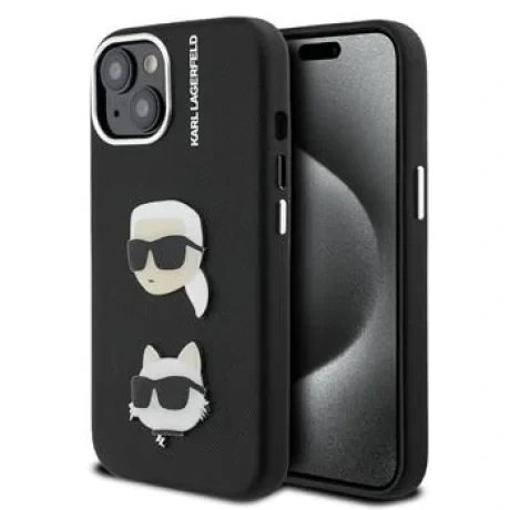 Carcasă spate Karl Lagerfeld cu model K&amp;amp;CH Heads din PU granulat pentru iPhone 15, neagră