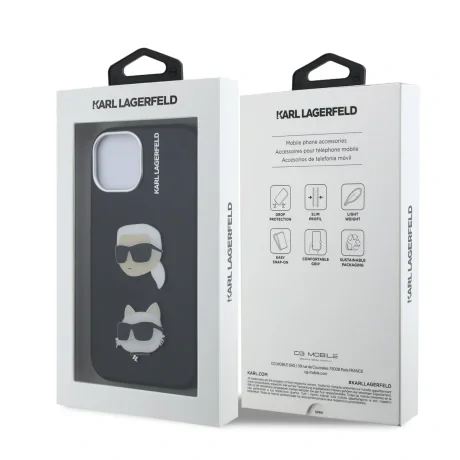 Carcasă spate Karl Lagerfeld cu model K&amp;amp;CH Heads din PU granulat pentru iPhone 15, neagră
