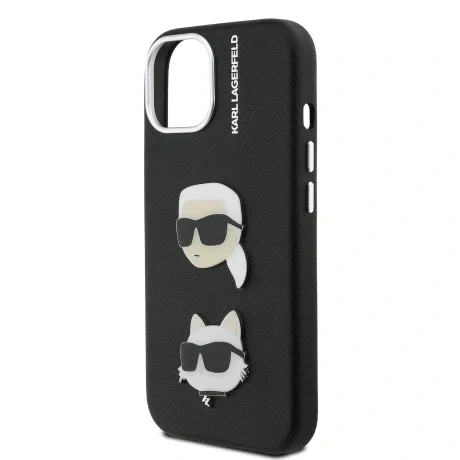 Carcasă spate Karl Lagerfeld cu model K&amp;amp;CH Heads din PU granulat pentru iPhone 15, neagră