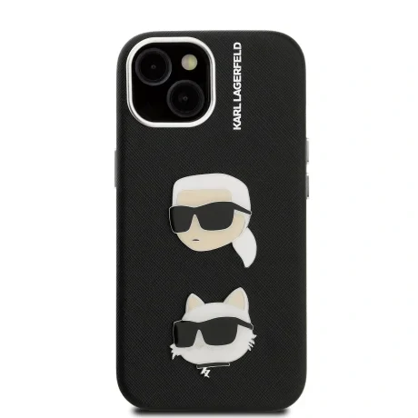 Carcasă spate Karl Lagerfeld cu model K&amp;amp;CH Heads din PU granulat pentru iPhone 15, neagră