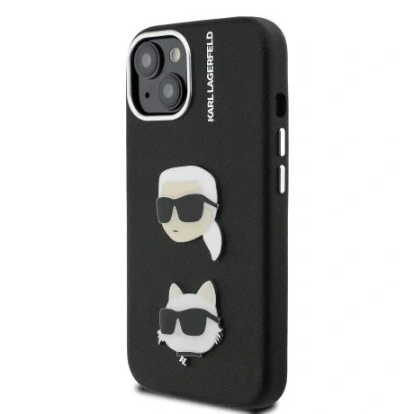Carcasă spate Karl Lagerfeld cu model K&amp;amp;CH Heads din PU granulat pentru iPhone 15, neagră