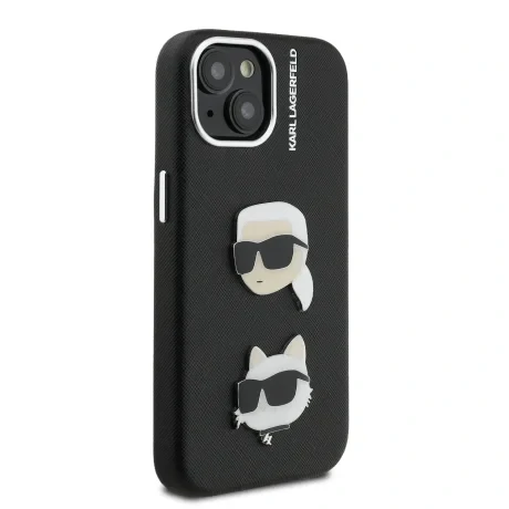 Carcasă spate Karl Lagerfeld cu model K&amp;amp;CH Heads din PU granulat pentru iPhone 15, neagră