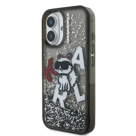 Carcasă spate Karl Lagerfeld cu sclipici lichid și împrăștiere Choupette pentru iPhone 16, neagră