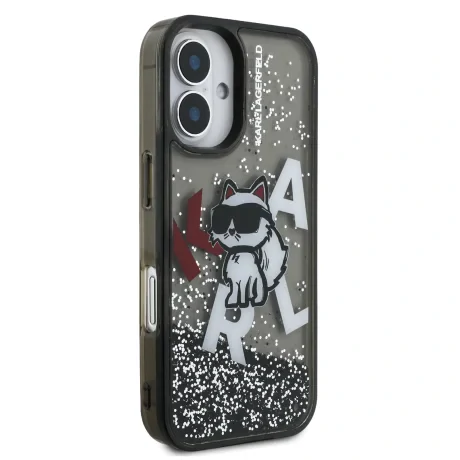 Carcasă spate Karl Lagerfeld cu sclipici lichid și împrăștiere Choupette pentru iPhone 16, neagră