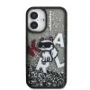 Carcasă spate Karl Lagerfeld cu sclipici lichid și împrăștiere Choupette pentru iPhone 16, neagră