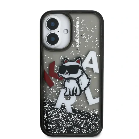 Carcasă spate Karl Lagerfeld cu sclipici lichid și împrăștiere Choupette pentru iPhone 16, neagră