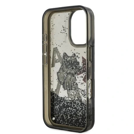 Carcasă spate Karl Lagerfeld cu sclipici lichid și împrăștiere Choupette pentru iPhone 16, neagră