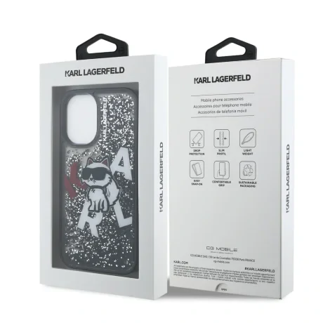 Carcasă spate Karl Lagerfeld cu sclipici lichid și împrăștiere Choupette pentru iPhone 16, neagră