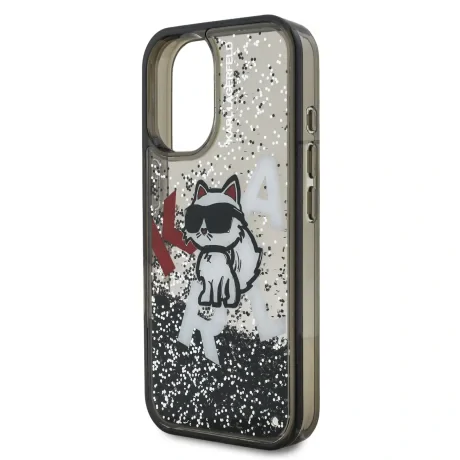 Carcasă spate Karl Lagerfeld cu sclipici lichid și împrăștiere Choupette pentru iPhone 16, neagră