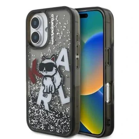 Carcasă spate Karl Lagerfeld cu sclipici lichid și împrăștiere Choupette pentru iPhone 16, neagră