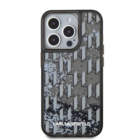 Carcasă spate Karl Lagerfeld cu sclipici lichid și monogramă în gradient pentru iPhone 15 Pro Max, neagră