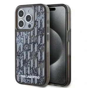 Carcasă spate Karl Lagerfeld cu sclipici lichid și monogramă în gradient pentru iPhone 15 Pro Max, neagră