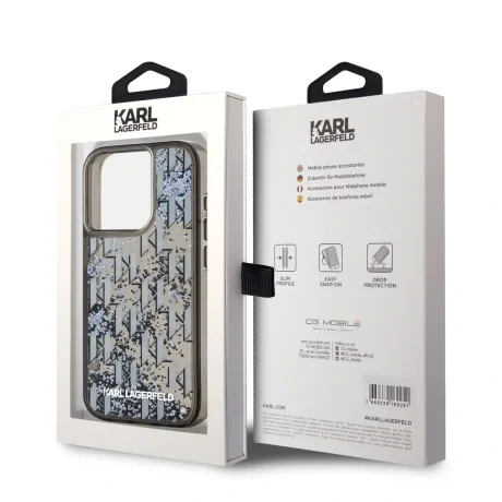 Carcasă spate Karl Lagerfeld cu sclipici lichid și monogramă în gradient pentru iPhone 15 Pro Max, neagră