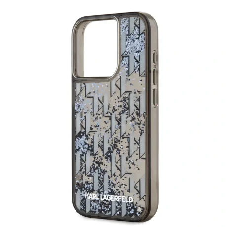 Carcasă spate Karl Lagerfeld cu sclipici lichid și monogramă în gradient pentru iPhone 15 Pro Max, neagră