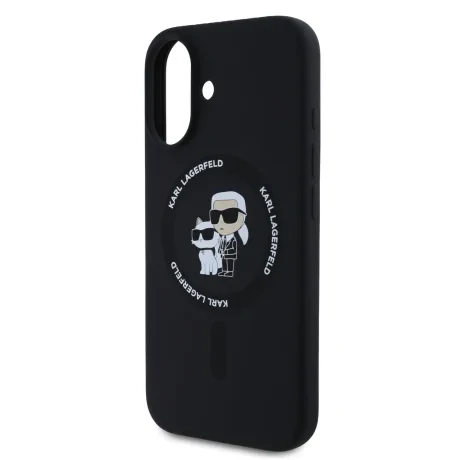 Carcasă spate Karl Lagerfeld din silicon lichid Karl and Choupette MagSafe pentru iPhone 16, neagră