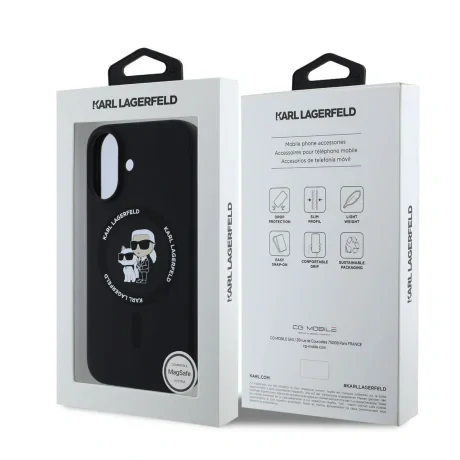 Carcasă spate Karl Lagerfeld din silicon lichid Karl and Choupette MagSafe pentru iPhone 16, neagră