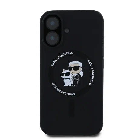 Carcasă spate Karl Lagerfeld din silicon lichid Karl and Choupette MagSafe pentru iPhone 16, neagră