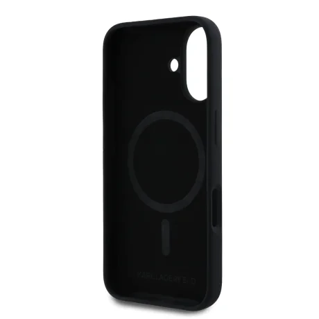 Carcasă spate Karl Lagerfeld din silicon lichid Karl and Choupette MagSafe pentru iPhone 16, neagră