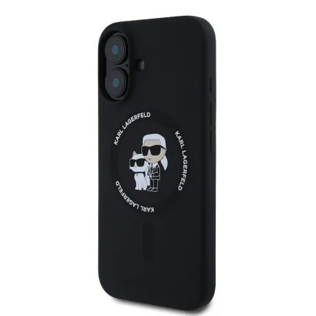 Carcasă spate Karl Lagerfeld din silicon lichid Karl and Choupette MagSafe pentru iPhone 16, neagră