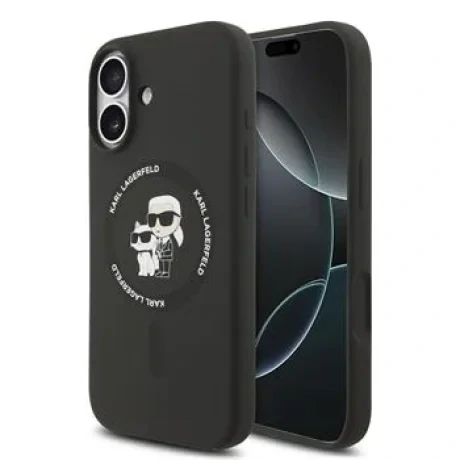 Carcasă spate Karl Lagerfeld din silicon lichid Karl and Choupette MagSafe pentru iPhone 17, neagră