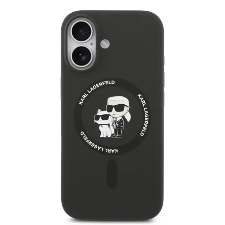 Carcasă spate Karl Lagerfeld din silicon lichid Karl and Choupette MagSafe pentru iPhone 17, neagră